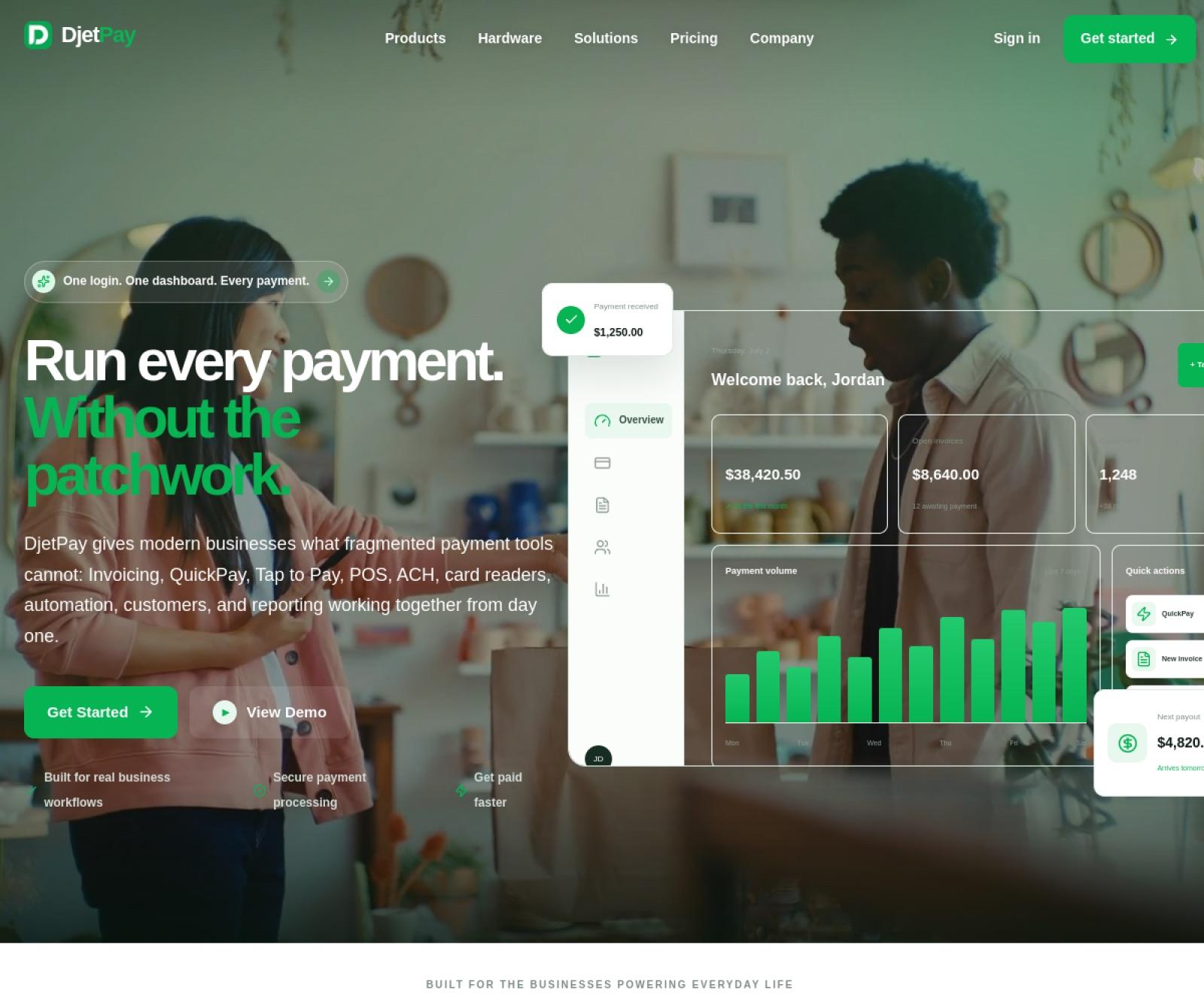 DjetPay homepage showing its connected payment dashboard and business payment experience